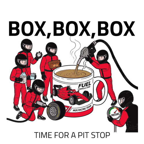 Pit Stop Tea Mug for Motorsport Fans - Optional Name, Colour Handle, Coaster and Card