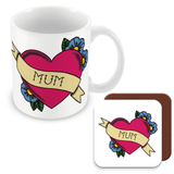 MUM Tatoo Mug Sets - Mug, Card & Coaster Gift Sets - Traditional Sailor Style Tattoo Design - Gift for Mums