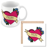 MUM Tatoo Mug Sets - Mug, Card & Coaster Gift Sets - Traditional Sailor Style Tattoo Design - Gift for Mums