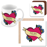 MUM Tatoo Mug Sets - Mug, Card & Coaster Gift Sets - Traditional Sailor Style Tattoo Design - Gift for Mums