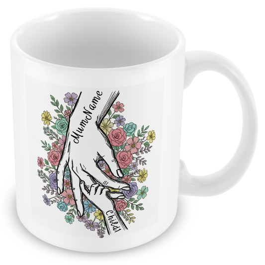 Personalised Mum & Children Holding Hands Mug – Custom Names Mother Child Hand Line Drawing Floral Mug