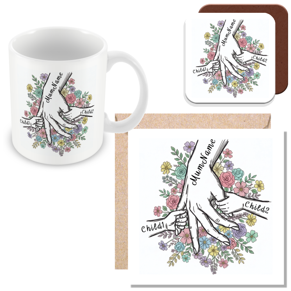 Personalised Mum & Children Holding Hands Mug – Custom Names Mother Child Hand Line Drawing Floral Mug