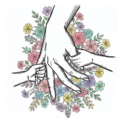 Personalised Mum & Children Holding Hands Mug – Custom Names Mother Child Hand Line Drawing Floral Mug