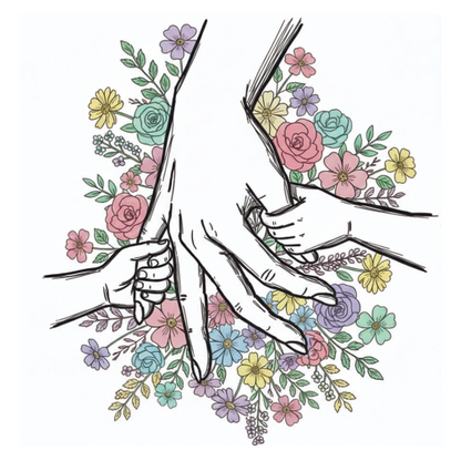 Personalised Mum & Children Holding Hands Mug – Custom Names Mother Child Hand Line Drawing Floral Mug