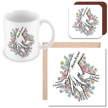 Personalised Mum & Children Holding Hands Mug – Custom Names Mother Child Hand Line Drawing Floral Mug