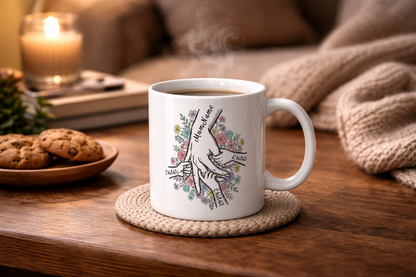 Personalised Mum & Children Holding Hands Mug – Custom Names Mother Child Hand Line Drawing Floral Mug