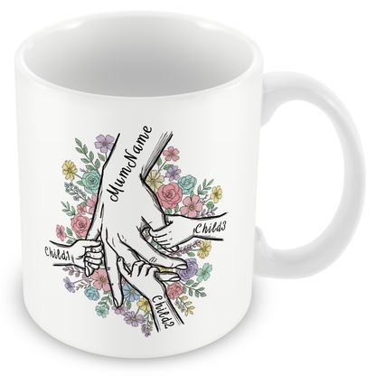 Personalised Mum & Children Holding Hands Mug – Custom Names Mother Child Hand Line Drawing Floral Mug