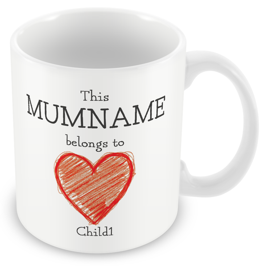 Personalised “This Mum Belongs to” Mug – Custom Children Names Heart Mug for Mum
