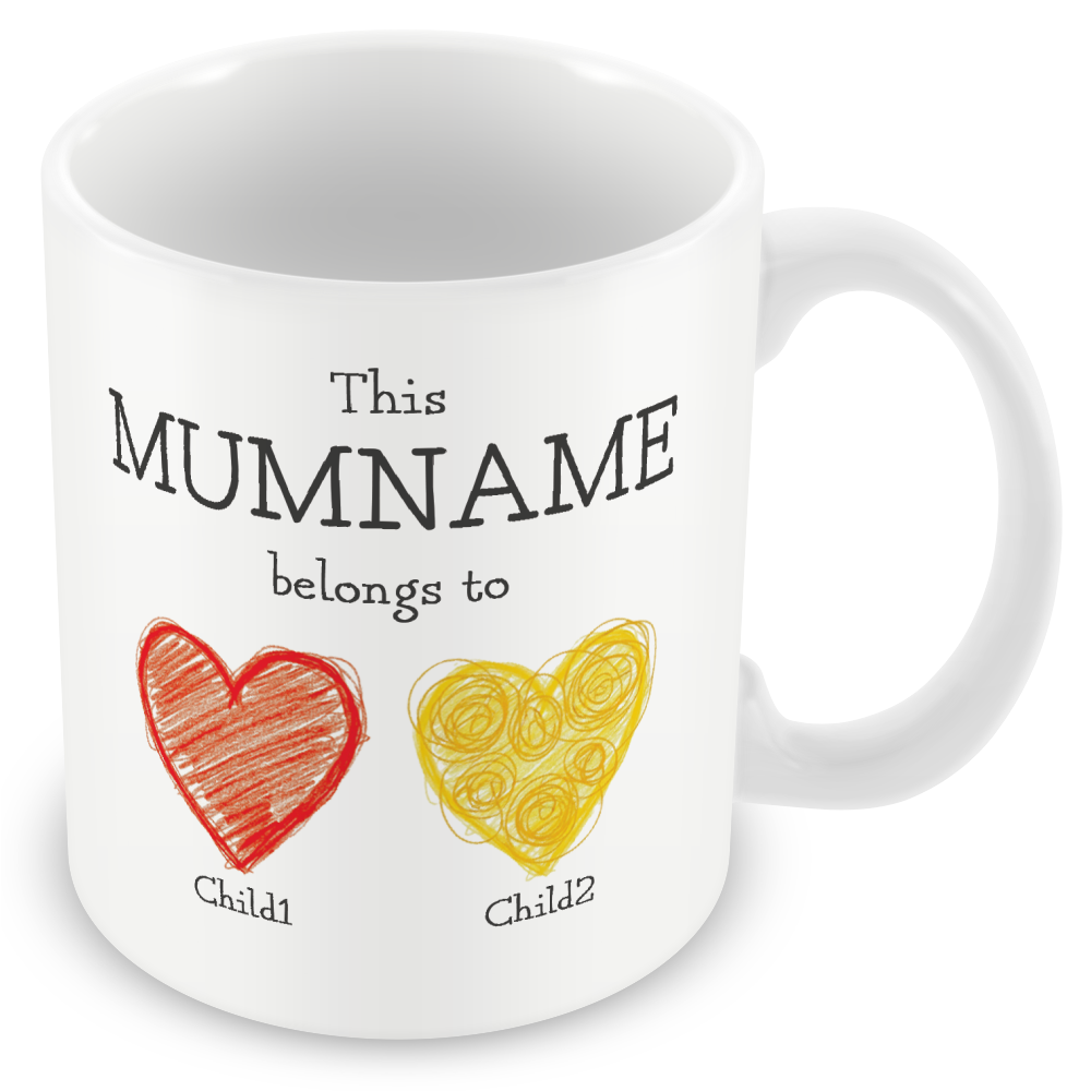 Personalised “This Mum Belongs to” Mug – Custom Children Names Heart Mug for Mum