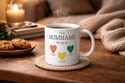 Personalised “This Mum Belongs to” Mug – Custom Children Names Heart Mug for Mum