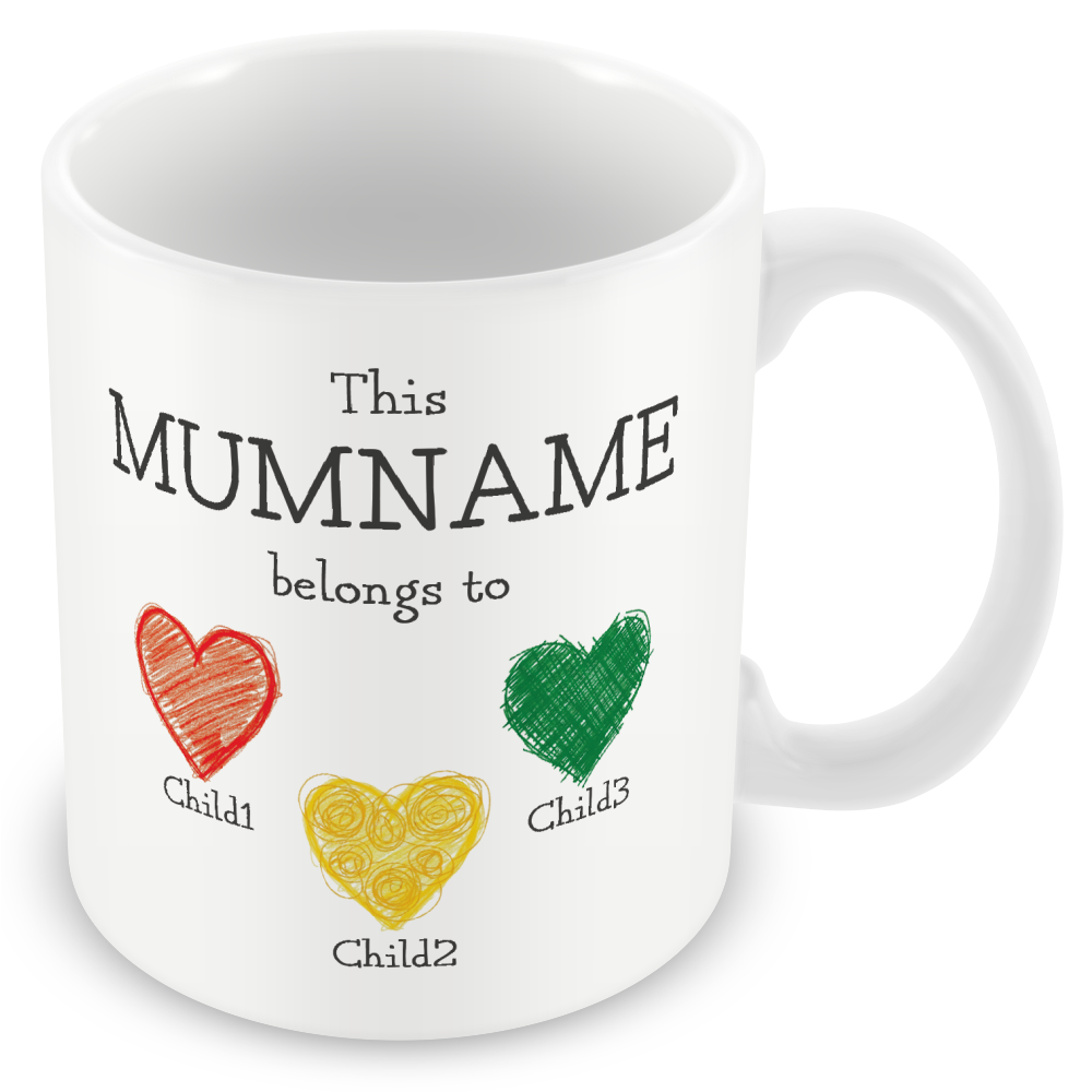 Personalised “This Mum Belongs to” Mug – Custom Children Names Heart Mug for Mum