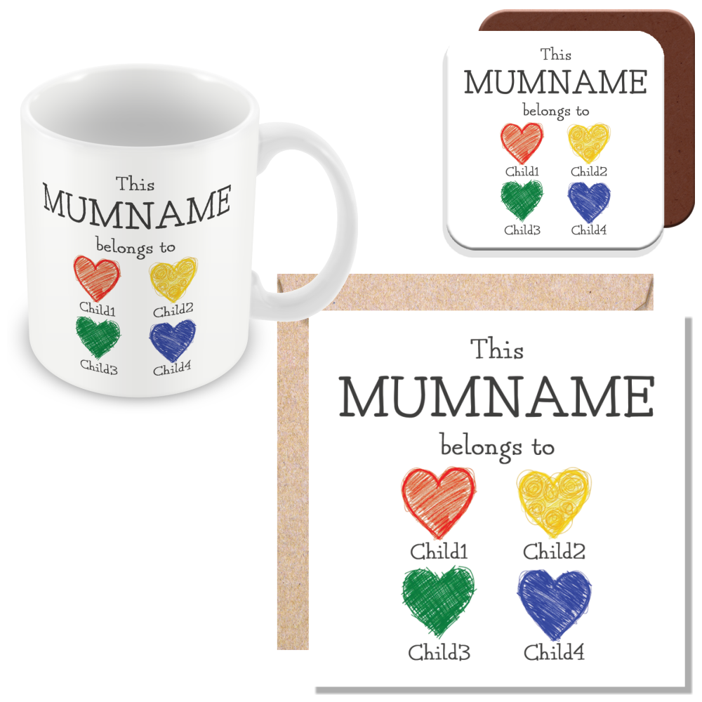 Personalised “This Mum Belongs to” Mug – Custom Children Names Heart Mug for Mum