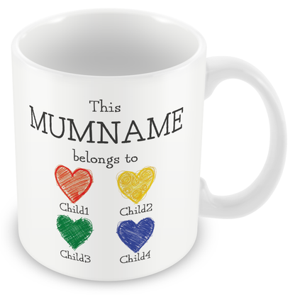 Personalised “This Mum Belongs to” Mug – Custom Children Names Heart Mug for Mum
