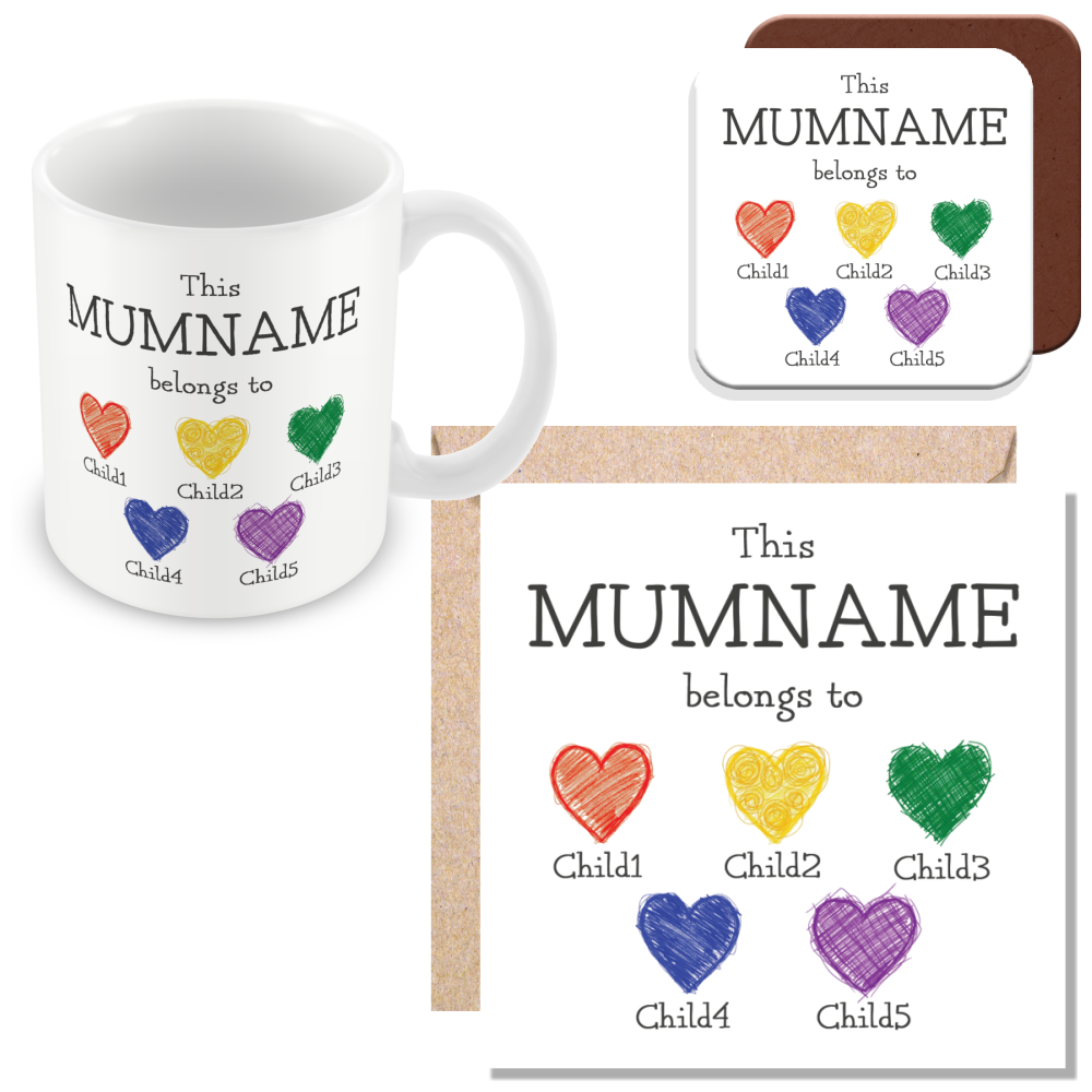 Personalised “This Mum Belongs to” Mug – Custom Children Names Heart Mug for Mum