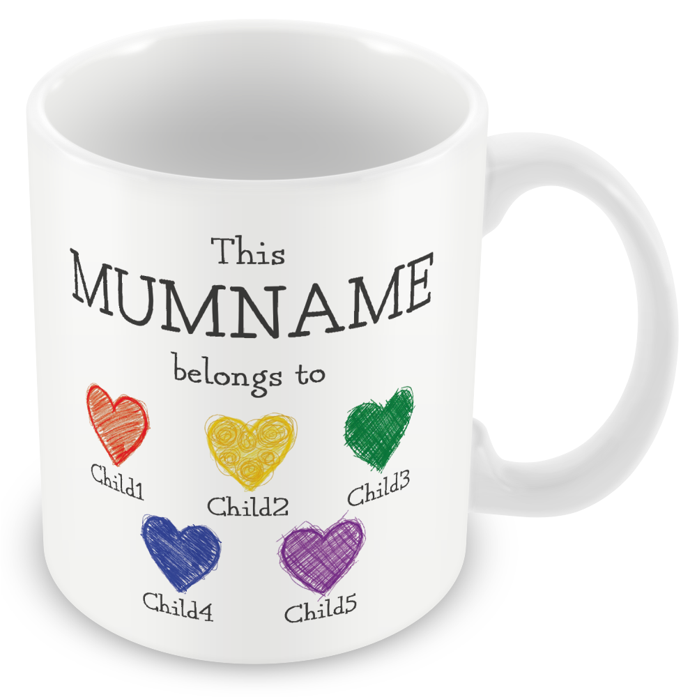 Personalised “This Mum Belongs to” Mug – Custom Children Names Heart Mug for Mum
