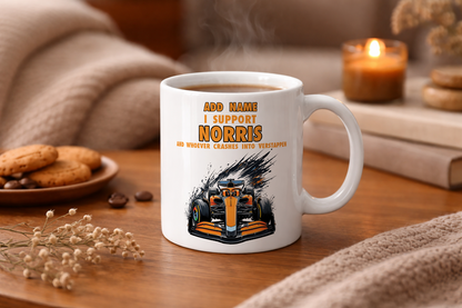 Lando Norris Relationship Status and Supporter Mugs - Optional Name, Orange Handle, Coaster and Card
