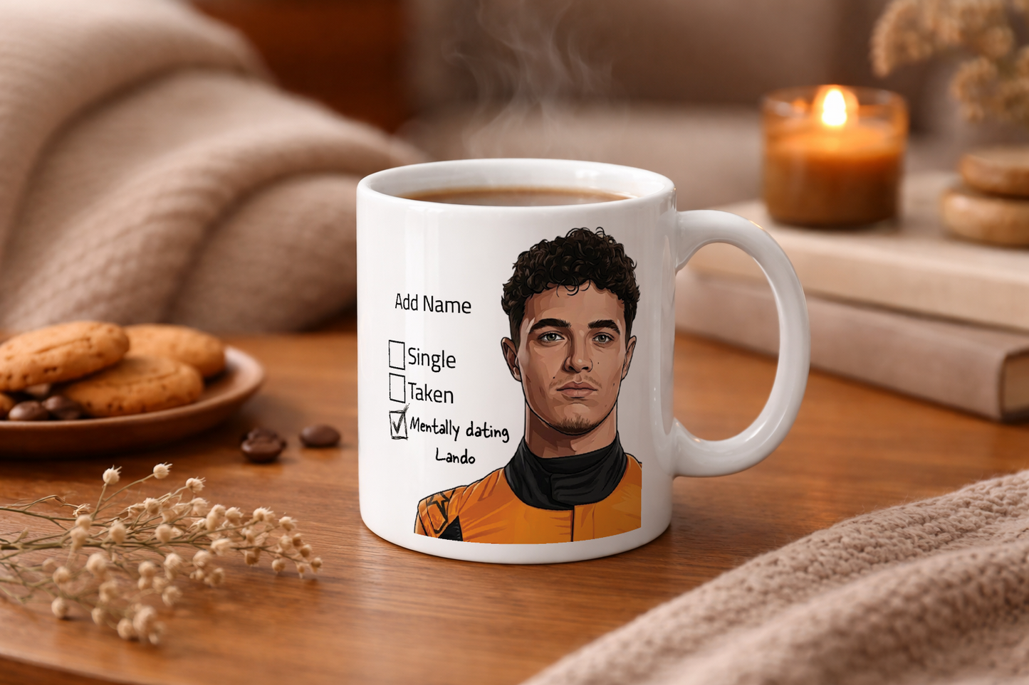 Lando Norris Relationship Status and Supporter Mugs - Optional Name, Orange Handle, Coaster and Card
