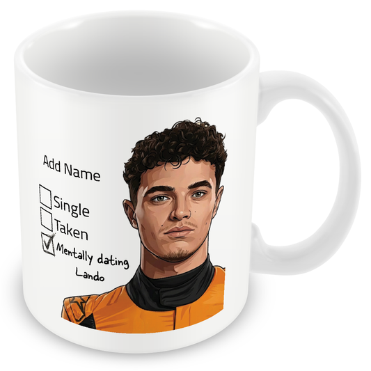 Lando Norris Relationship Status and Supporter Mugs - Optional Name, Orange Handle, Coaster and Card
