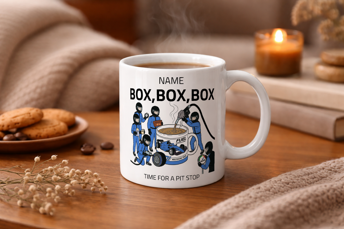 Pit Stop Tea Mug for Motorsport Fans - Optional Name, Colour Handle, Coaster and Card
