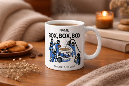 Pit Stop Tea Mug for Motorsport Fans - Optional Name, Colour Handle, Coaster and Card