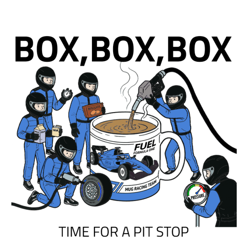 Pit Stop Tea Mug for Motorsport Fans - Optional Name, Colour Handle, Coaster and Card