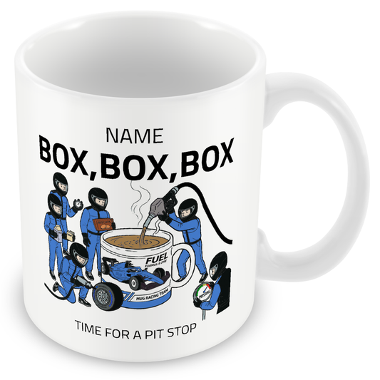 Pit Stop Tea Mug for Motorsport Fans - Optional Name, Colour Handle, Coaster and Card