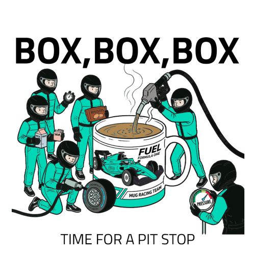 Pit Stop Tea Mug for Motorsport Fans - Optional Name, Colour Handle, Coaster and Card