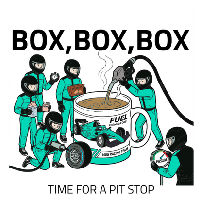 Pit Stop Tea Mug for Motorsport Fans - Optional Name, Colour Handle, Coaster and Card