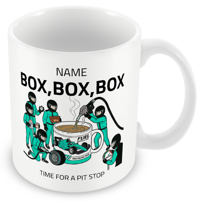 Pit Stop Tea Mug for Motorsport Fans - Optional Name, Colour Handle, Coaster and Card