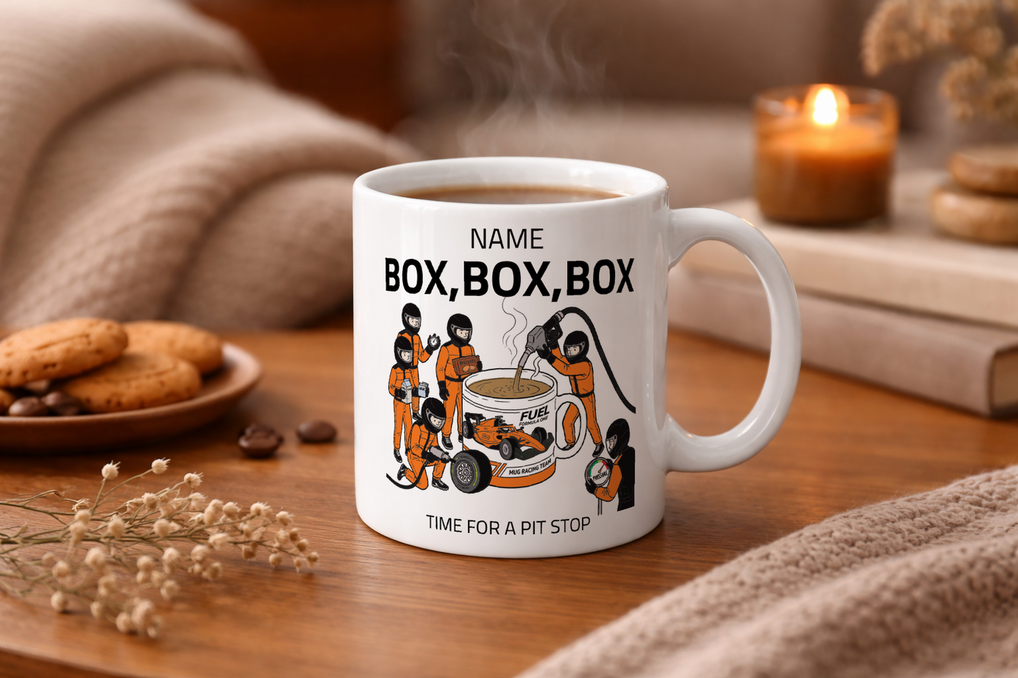 Pit Stop Tea Mug for Motorsport Fans - Optional Name, Colour Handle, Coaster and Card