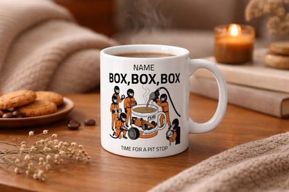 Pit Stop Tea Mug for Motorsport Fans - Optional Name, Colour Handle, Coaster and Card