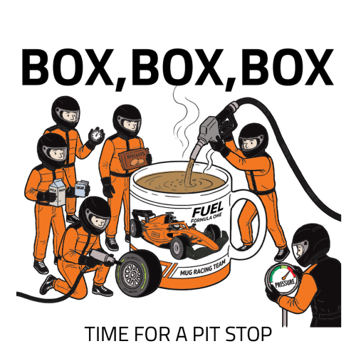 Pit Stop Tea Mug for Motorsport Fans - Optional Name, Colour Handle, Coaster and Card