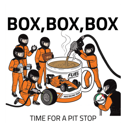Pit Stop Tea Mug for Motorsport Fans - Optional Name, Colour Handle, Coaster and Card
