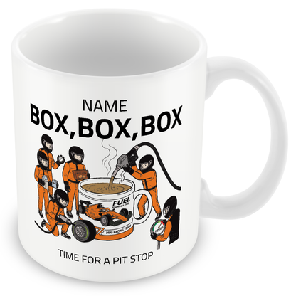 Pit Stop Tea Mug for Motorsport Fans - Optional Name, Colour Handle, Coaster and Card