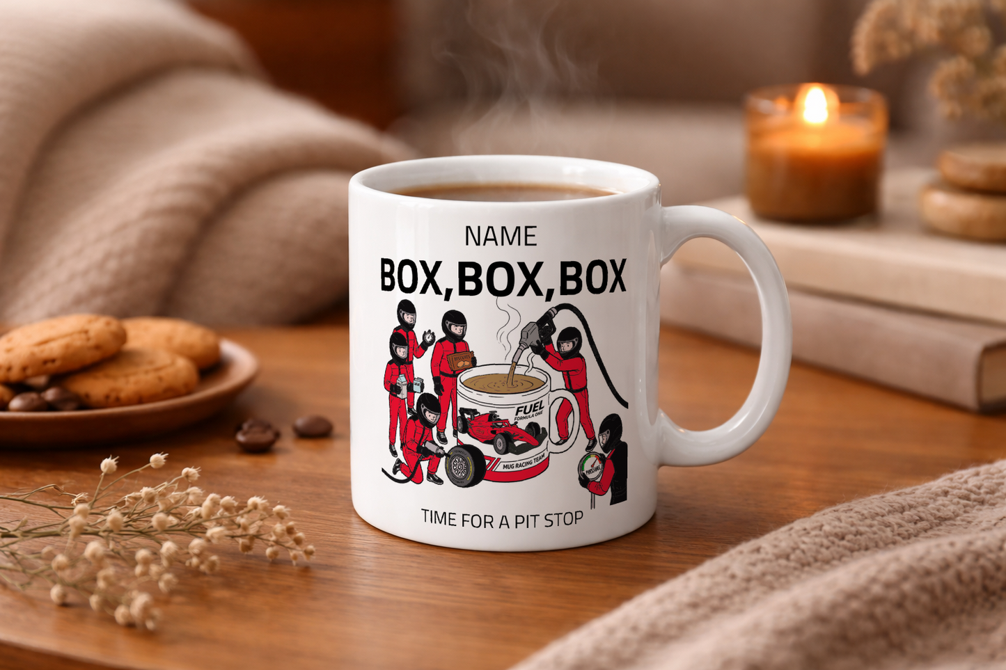 Pit Stop Tea Mug for Motorsport Fans - Optional Name, Colour Handle, Coaster and Card