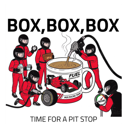 Pit Stop Tea Mug for Motorsport Fans - Optional Name, Colour Handle, Coaster and Card