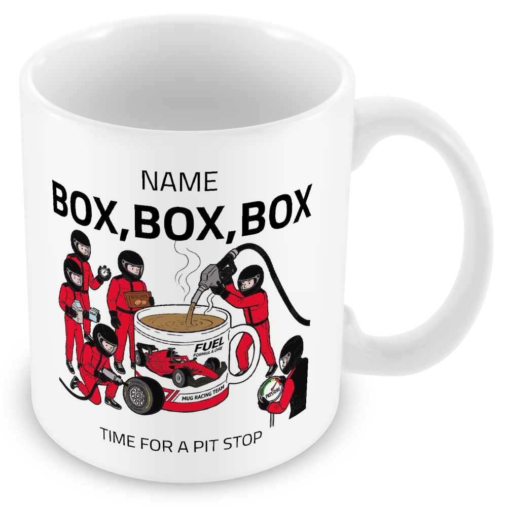 Pit Stop Tea Mug for Motorsport Fans - Optional Name, Colour Handle, Coaster and Card