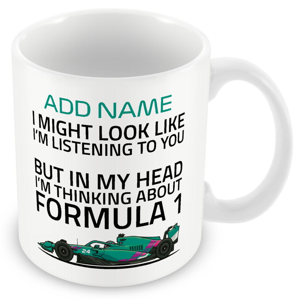 Funny Formula Racing Mug - Optional Name, Colour Handle, Coaster and Card