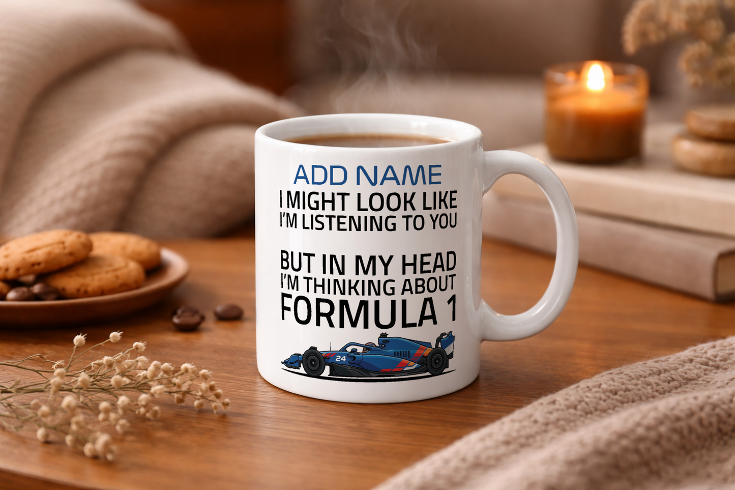 Funny Formula Racing Mug - Optional Name, Colour Handle, Coaster and Card