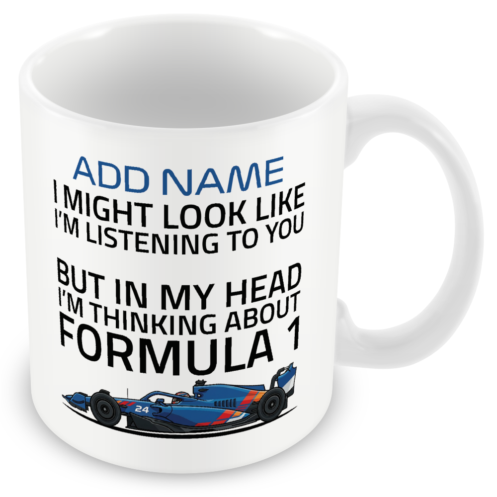 Funny Formula Racing Mug - Optional Name, Colour Handle, Coaster and Card