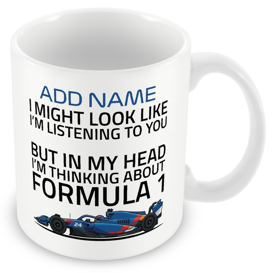 Funny Formula Racing Mug - Optional Name, Colour Handle, Coaster and Card