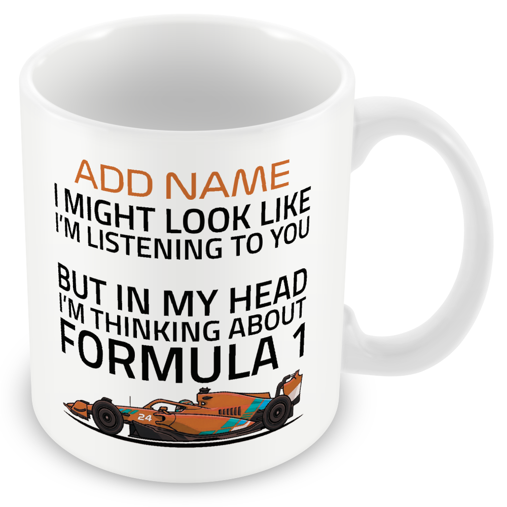 Funny Formula Racing Mug - Optional Name, Colour Handle, Coaster and Card