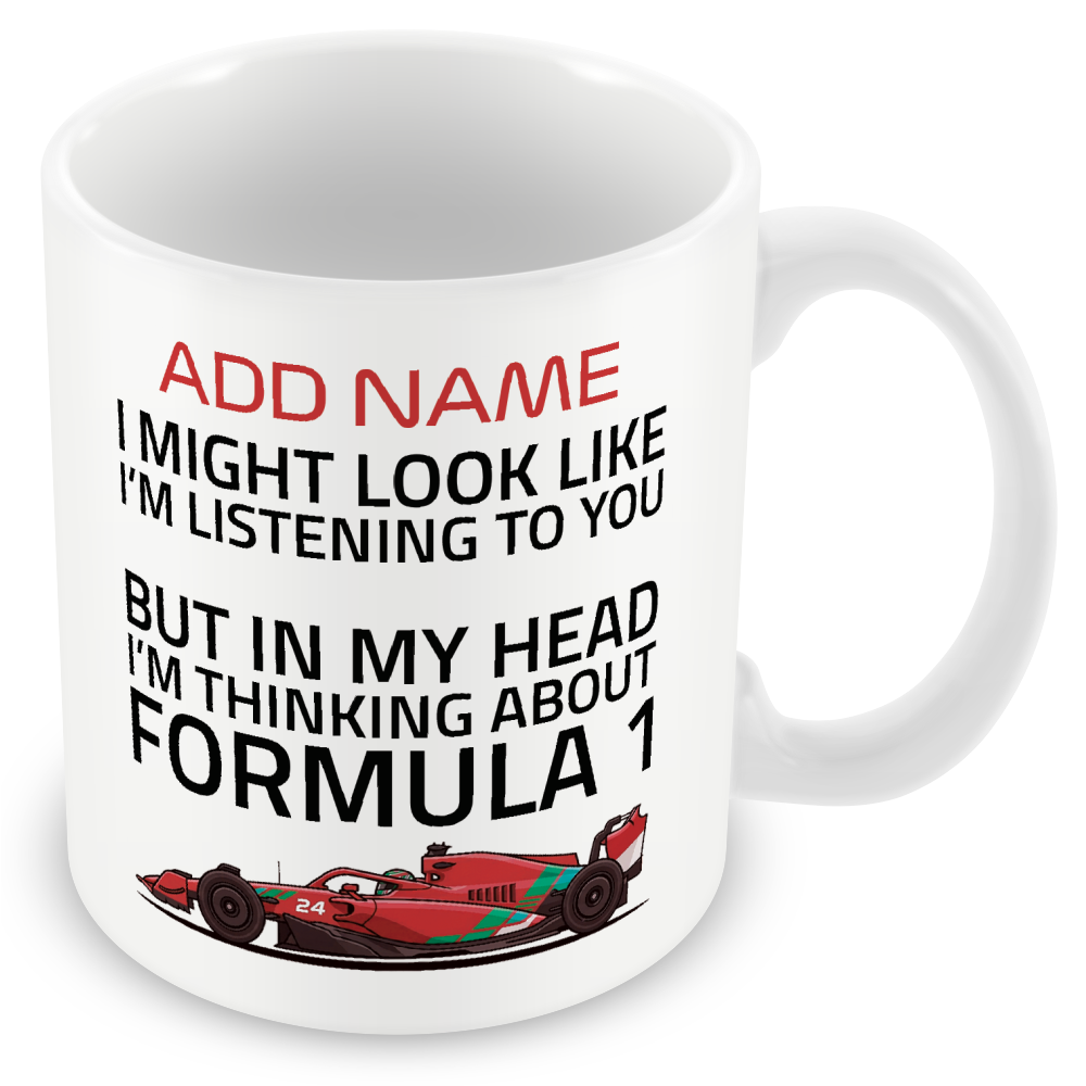 Funny Formula Racing Mug - Optional Name, Colour Handle, Coaster and Card