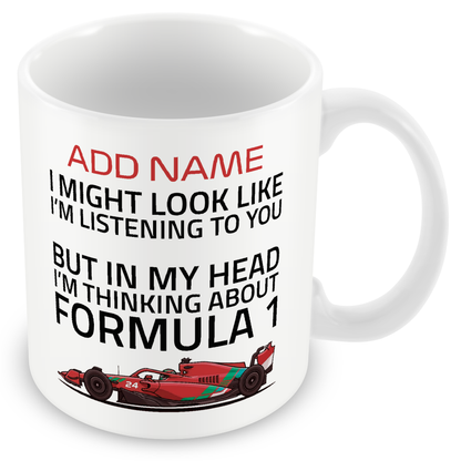 Funny Formula Racing Mug - Optional Name, Colour Handle, Coaster and Card