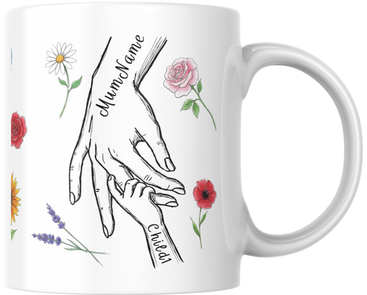 Personalised Mum & Children Holding Hands Mug – Custom Names Mother Child Hand Line Drawing Floral Mug Full Wrap