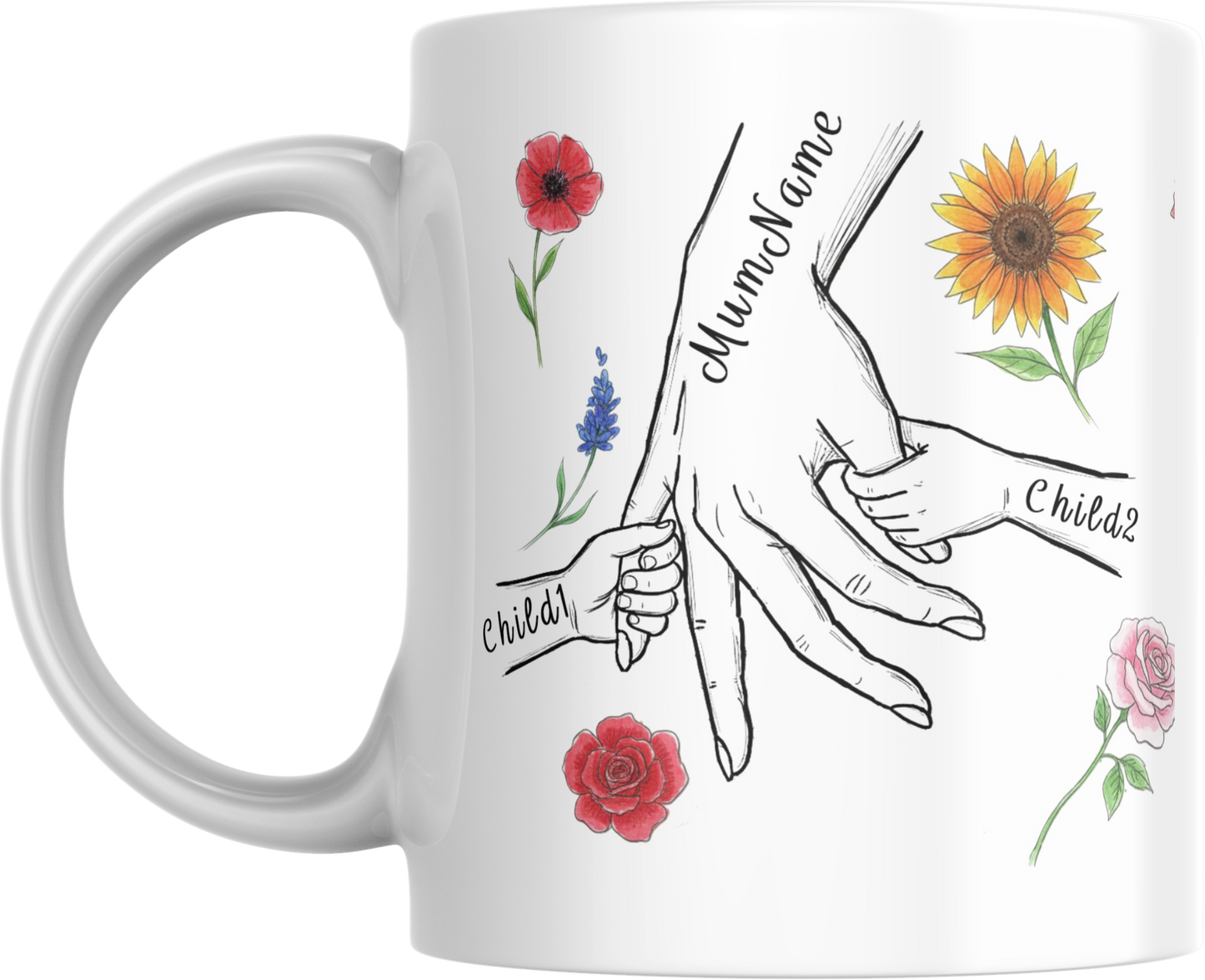 Personalised Mum & Children Holding Hands Mug – Custom Names Mother Child Hand Line Drawing Floral Mug Full Wrap