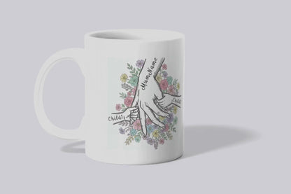 Personalised Mum & Children Holding Hands Mug – Custom Names Mother Child Hand Line Drawing Floral Mug