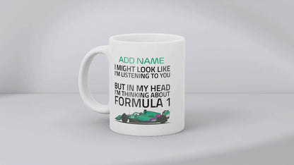 Funny Formula Racing Mug - Optional Name, Colour Handle, Coaster and Card