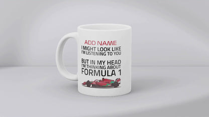 Funny Formula Racing Mug - Optional Name, Colour Handle, Coaster and Card