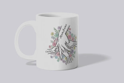 Personalised Mum & Children Holding Hands Mug – Custom Names Mother Child Hand Line Drawing Floral Mug